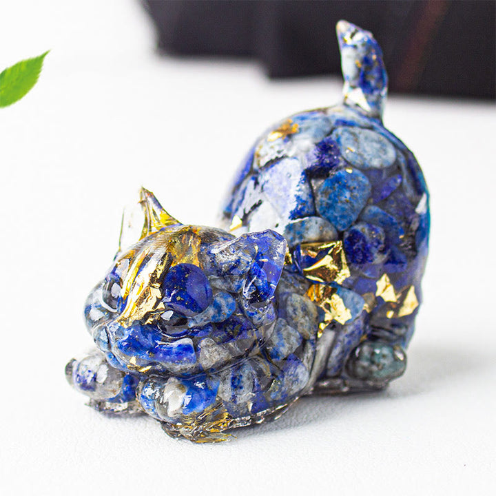 Buddha Stones 伸びをする猫の樹脂製クリスタル砂利瞑想装飾 - ラピスラズリ（ラズライト） - 4.5×3×4.2cm - image 6