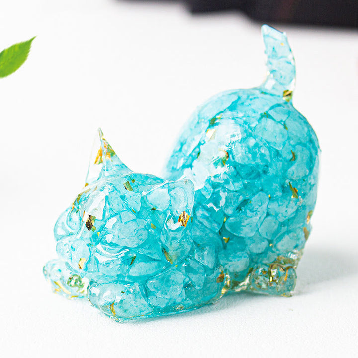 Buddha Stones 伸びをする猫の樹脂製クリスタル砂利瞑想装飾 - アクアマリン - 4.5×3×4.2cm - image 4