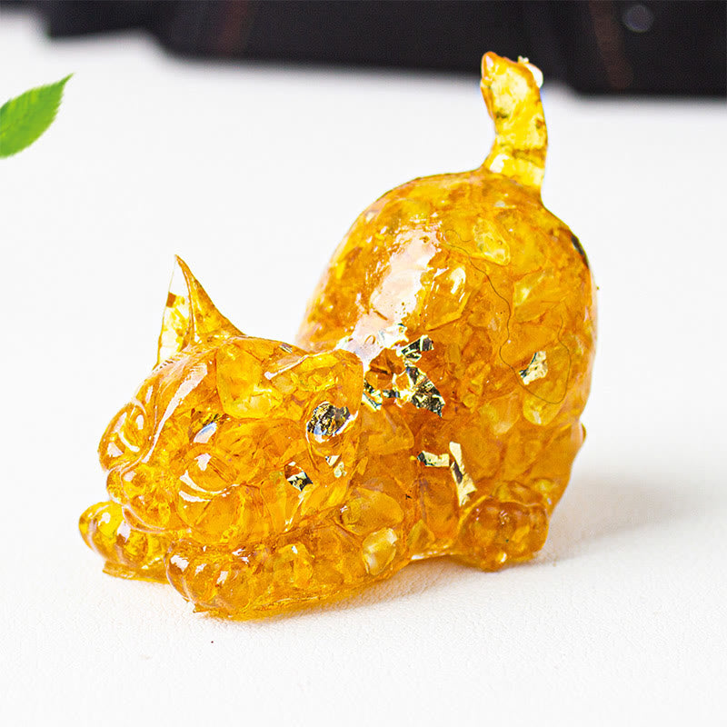 Buddha Stones 伸びをする猫の樹脂製クリスタル砂利瞑想装飾 - シトリン - 4.5×3×4.2cm - image 12