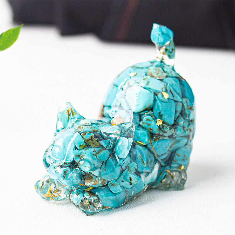 Buddha Stones 伸びをする猫の樹脂製クリスタル砂利瞑想装飾 - ターコイズ - 4.5×3×4.2cm - image 8
