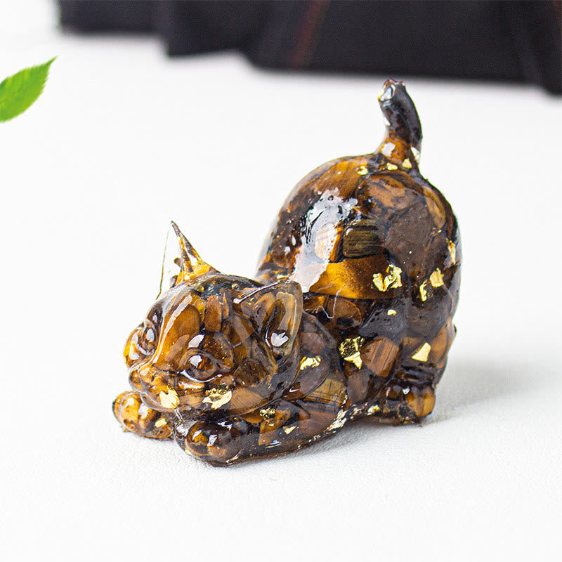 Buddha Stones 伸びをする猫の樹脂製クリスタル砂利瞑想装飾 - タイガーアイ - 4.5×3×4.2cm - image 10