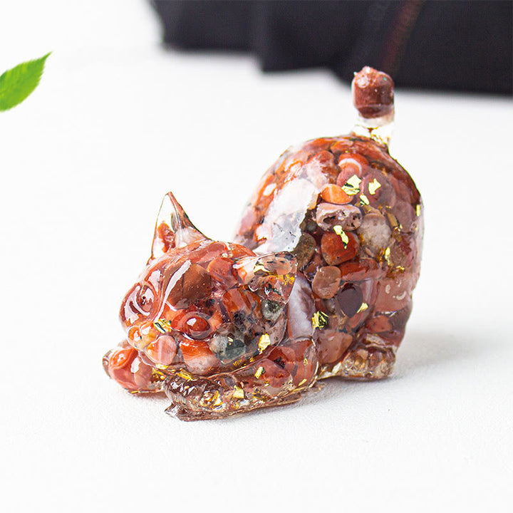Buddha Stones 伸びをする猫の樹脂製クリスタル砂利瞑想装飾 - レッドアゲート - 4.5×3×4.2cm - image 23