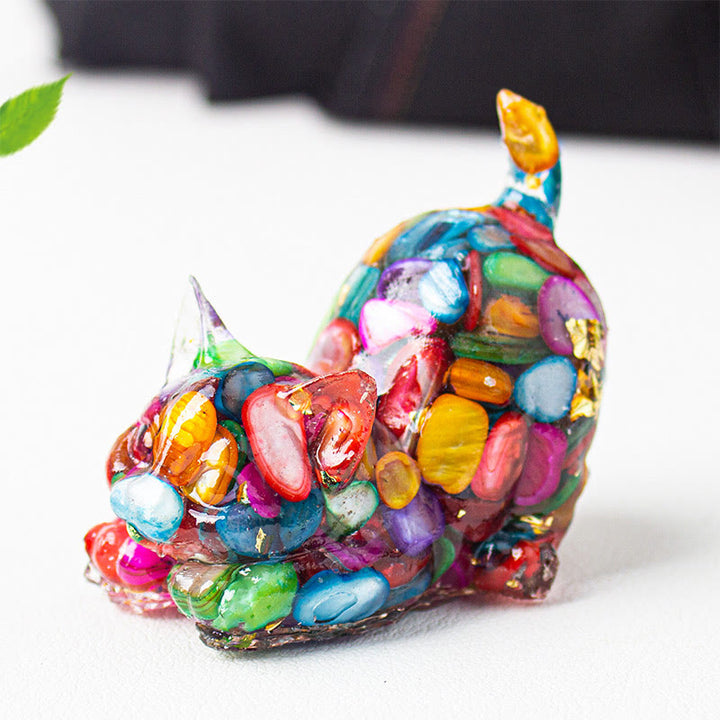 Buddha Stones 伸びをする猫の樹脂製クリスタル砂利瞑想装飾 - カラフルな貝殻 - 4.5×3×4.2cm - image 25
