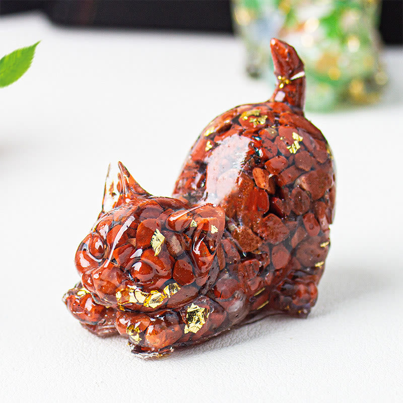Buddha Stones 伸びをする猫の樹脂製クリスタル砂利瞑想装飾 - レッドジャスパー - 4.5×3×4.2cm - image 19