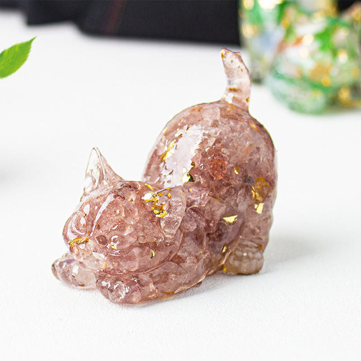 Buddha Stones 伸びをする猫の樹脂製クリスタル砂利瞑想装飾 - ストロベリークォーツ - 4.5×3×4.2cm - image 26