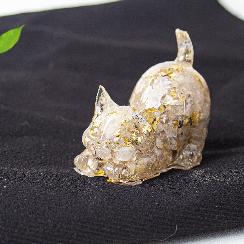 Buddha Stones 伸びをする猫の樹脂製クリスタル砂利瞑想装飾 - ルチル入り水晶 - 4.5×3×4.2cm - image 32