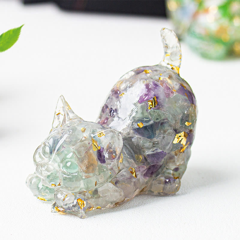 Buddha Stones 伸びをする猫の樹脂製クリスタル砂利瞑想装飾 - 蛍石 - 4.5×3×4.2cm - image 28