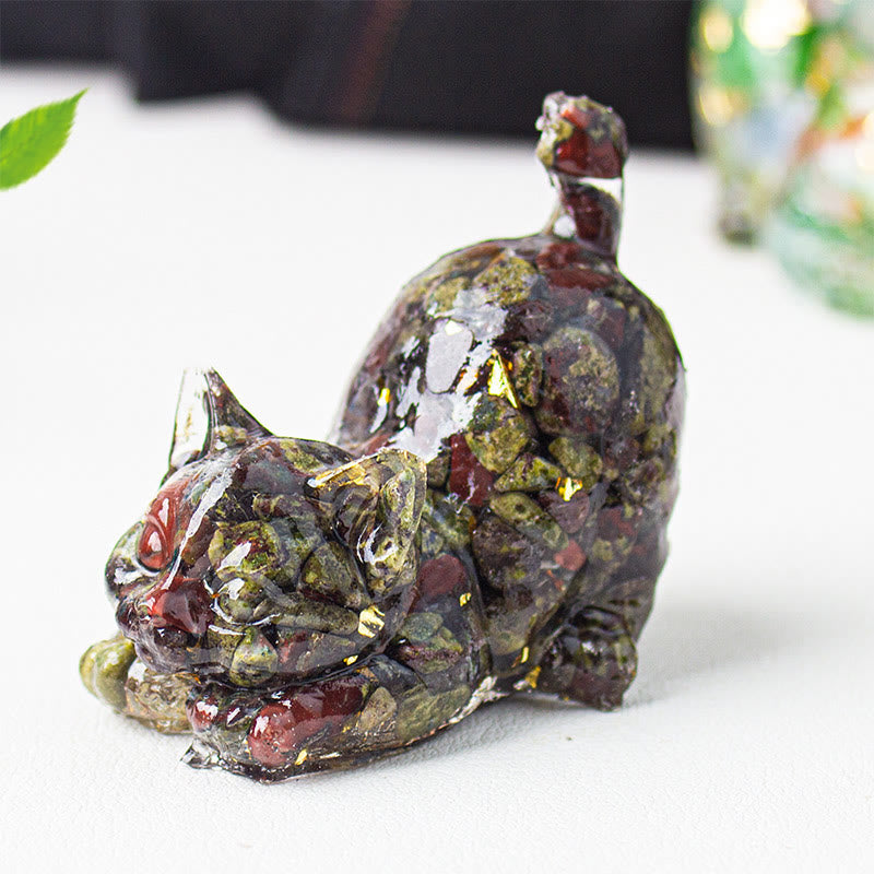 Buddha Stones 伸びをする猫の樹脂製クリスタル砂利瞑想装飾 - ドラゴンブラッドジャスパー - 4.5×3×4.2cm - image 39