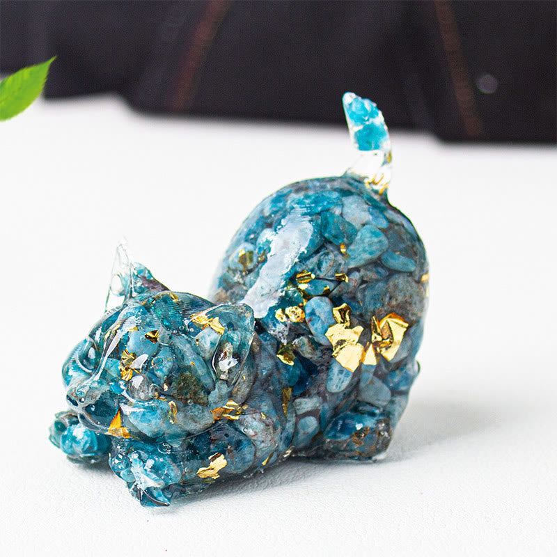Buddha Stones 伸びをする猫の樹脂製クリスタル砂利瞑想装飾 - ブルーアパタイト - 4.5×3×4.2cm - image 48
