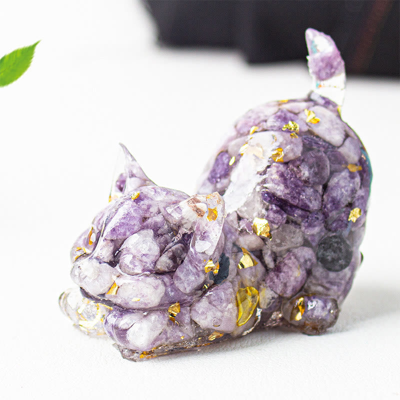 Buddha Stones 伸びをする猫の樹脂製クリスタル砂利瞑想装飾 - 黄鉄鉱 - 4.5×3×4.2cm - image 50