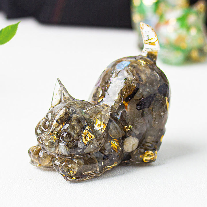 Buddha Stones 伸びをする猫の樹脂製クリスタル砂利瞑想装飾 - ブラックラブラドライト - 4.5×3×4.2cm - image 46