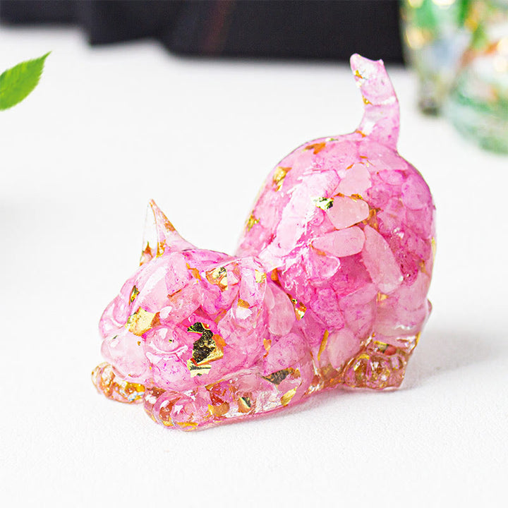Buddha Stones 伸びをする猫の樹脂製クリスタル砂利瞑想装飾 - ローズクォーツ - 4.5×3×4.2cm - image 53
