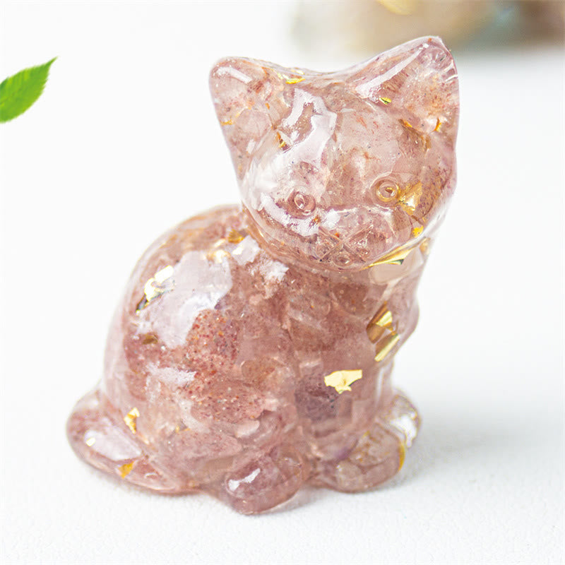 Buddha Stones 座っている猫の樹脂砂利 ピンククリスタルシトリン ホワイトクリスタルラピスラズリ 心を落ち着かせるデスクトップ装飾 - ストロベリークォーツ - 約3.2×3.3×4cm - image 12