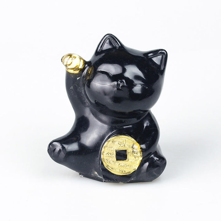 Buddha Stones 招き猫の銅貨ターコイズラブラドライトピンククリスタルアメジストホームデコレーション - 黒曜石 - 約5.5×6×4cm - image 12