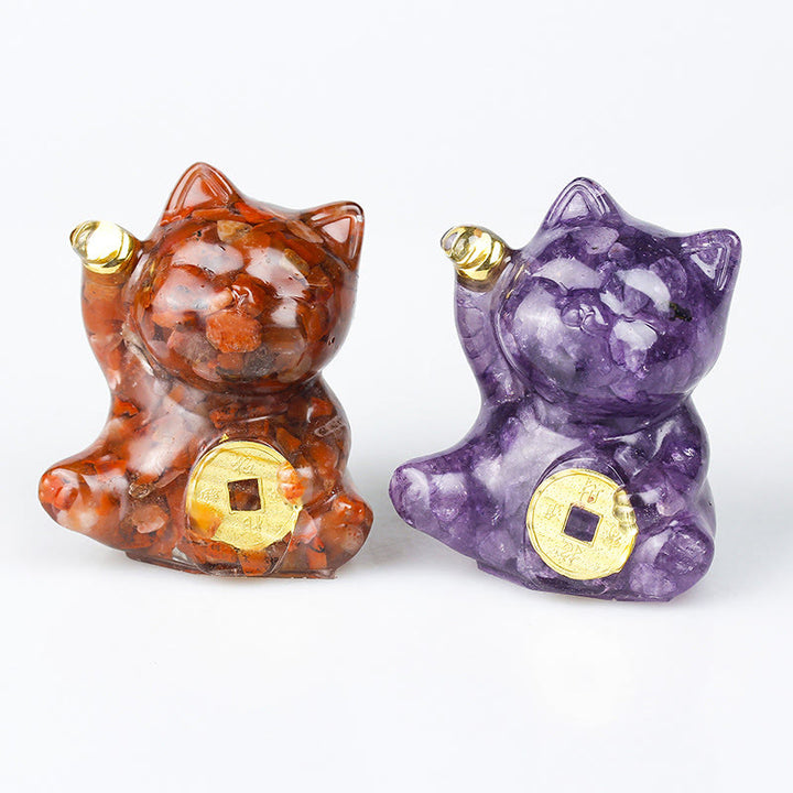 Buddha Stones 招き猫の銅貨ターコイズラブラドライトピンククリスタルアメジストホームデコレーション - image 0