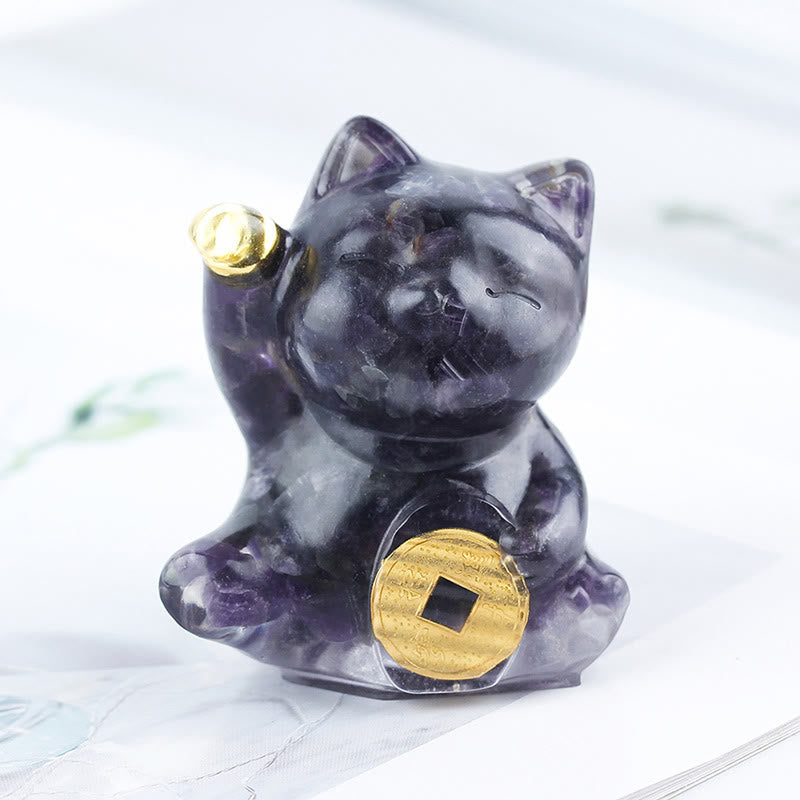 Buddha Stones 招き猫の銅貨ターコイズラブラドライトピンククリスタルアメジストホームデコレーション - 濃い紫色のアメジスト - 約5.5×6×4cm - image 27