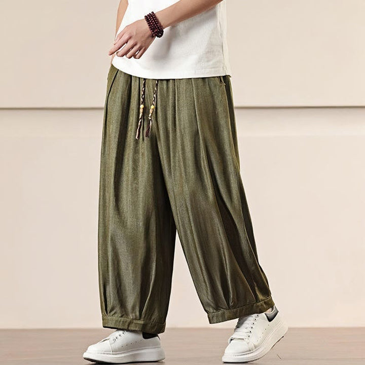 Buddha Stones春 無地 コットン ドローストリング メンズ ワイドレッグパンツ ポケット付き - image 28