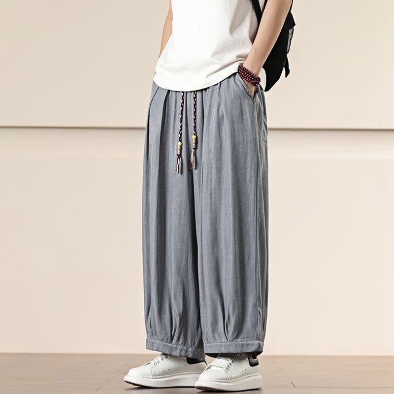 Buddha Stones春 無地 コットン ドローストリング メンズ ワイドレッグパンツ ポケット付き - image 10