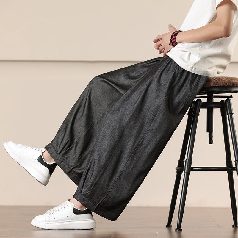 Buddha Stones春 無地 コットン ドローストリング メンズ ワイドレッグパンツ ポケット付き - image 1
