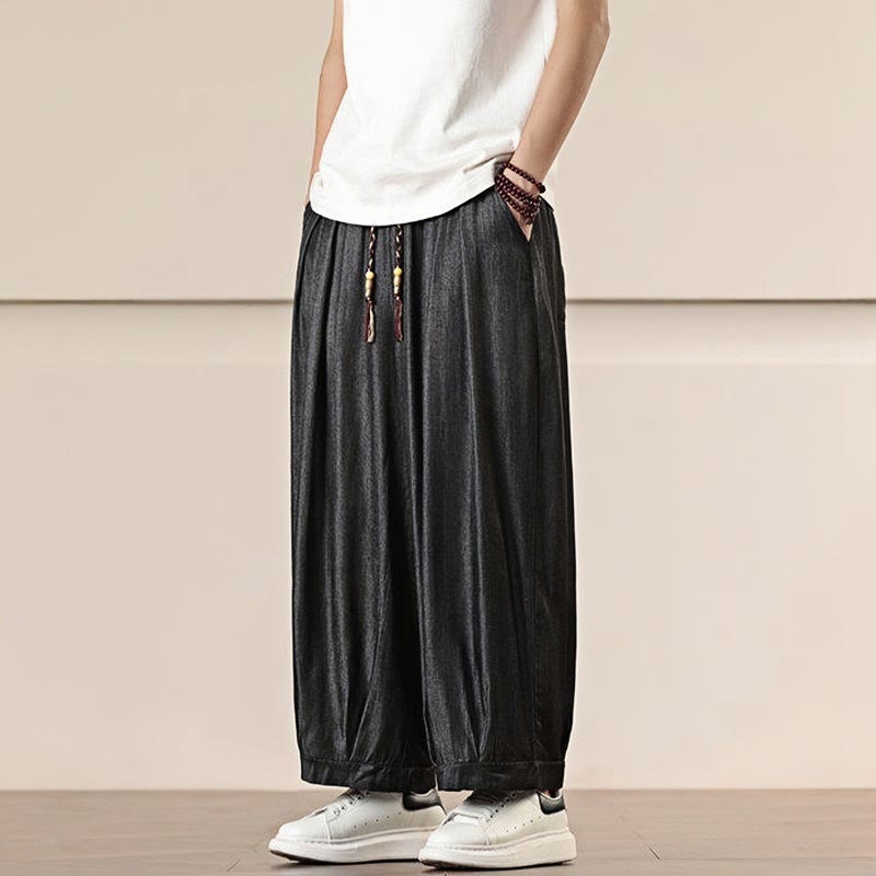 Buddha Stones春 無地 コットン ドローストリング メンズ ワイドレッグパンツ ポケット付き - image 2