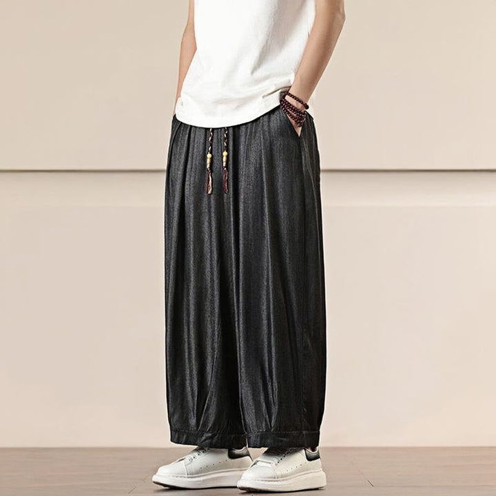 Buddha Stones春 無地 コットン ドローストリング メンズ ワイドレッグパンツ ポケット付き - image 2