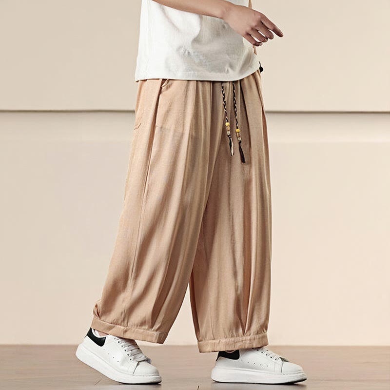 Buddha Stones春 無地 コットン ドローストリング メンズ ワイドレッグパンツ ポケット付き - image 22