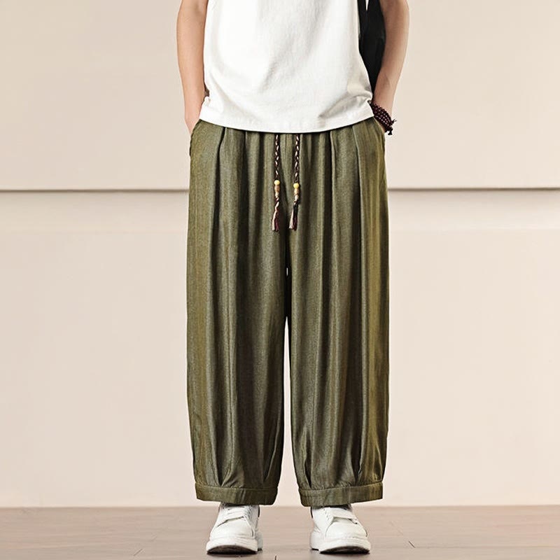 Buddha Stones春 無地 コットン ドローストリング メンズ ワイドレッグパンツ ポケット付き - image 25