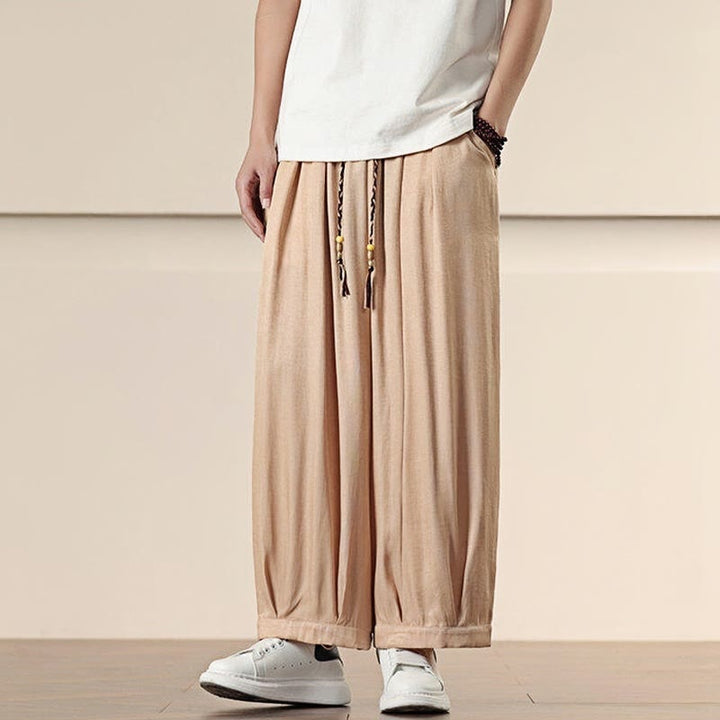 Buddha Stones春 無地 コットン ドローストリング メンズ ワイドレッグパンツ ポケット付き - image 17