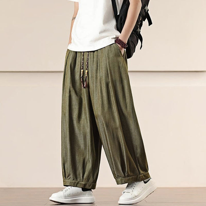 Buddha Stones春 無地 コットン ドローストリング メンズ ワイドレッグパンツ ポケット付き - image 31
