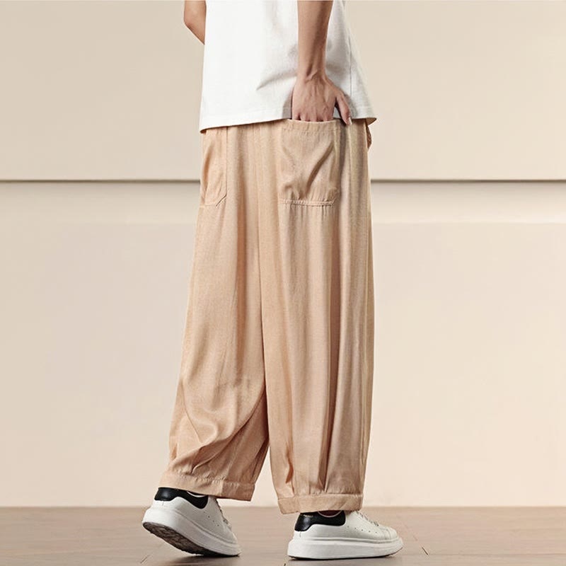 Buddha Stones春 無地 コットン ドローストリング メンズ ワイドレッグパンツ ポケット付き - image 19