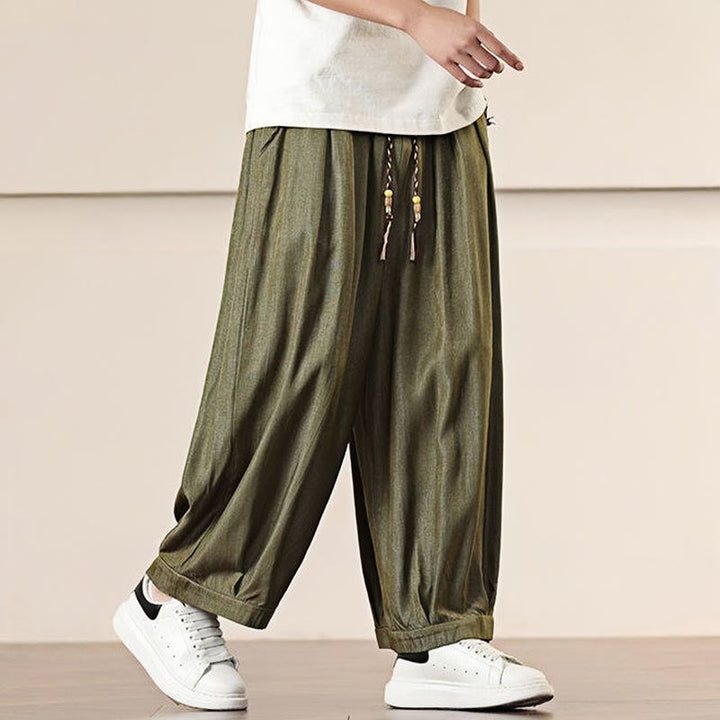 Buddha Stones春 無地 コットン ドローストリング メンズ ワイドレッグパンツ ポケット付き - image 30