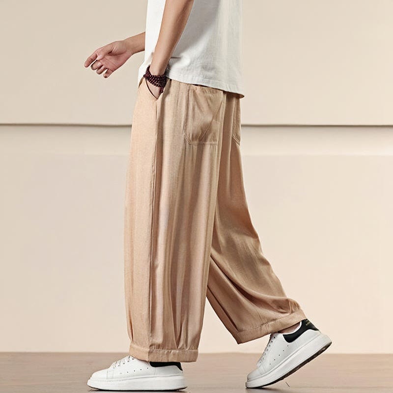 Buddha Stones春 無地 コットン ドローストリング メンズ ワイドレッグパンツ ポケット付き - image 21