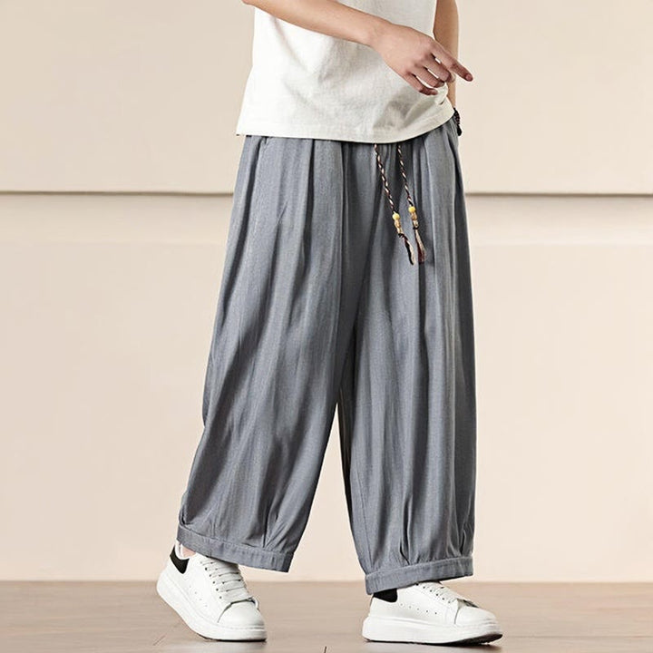 Buddha Stones春 無地 コットン ドローストリング メンズ ワイドレッグパンツ ポケット付き - image 15