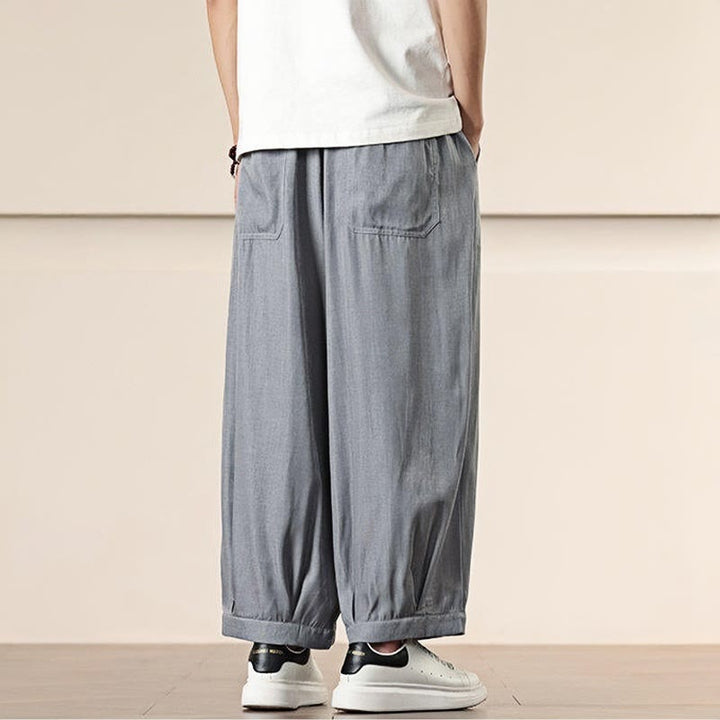 Buddha Stones春 無地 コットン ドローストリング メンズ ワイドレッグパンツ ポケット付き - image 14