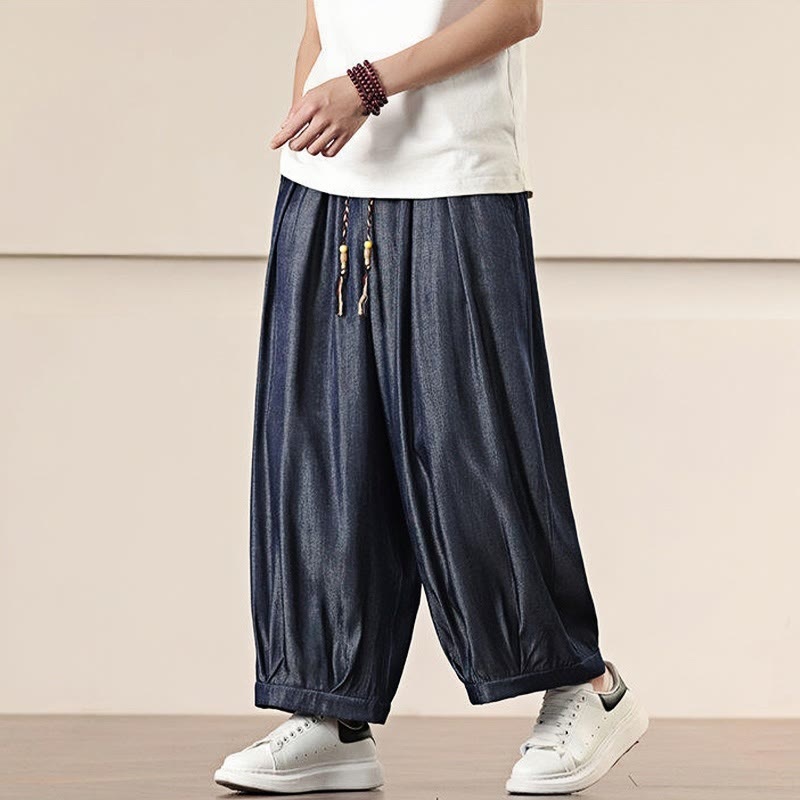 Buddha Stones春 無地 コットン ドローストリング メンズ ワイドレッグパンツ ポケット付き - image 35