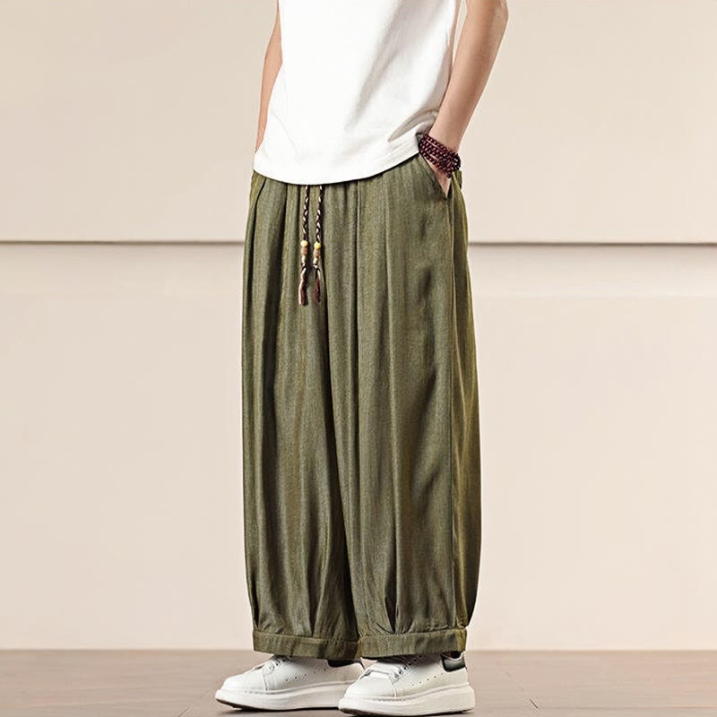 Buddha Stones春 無地 コットン ドローストリング メンズ ワイドレッグパンツ ポケット付き - image 24