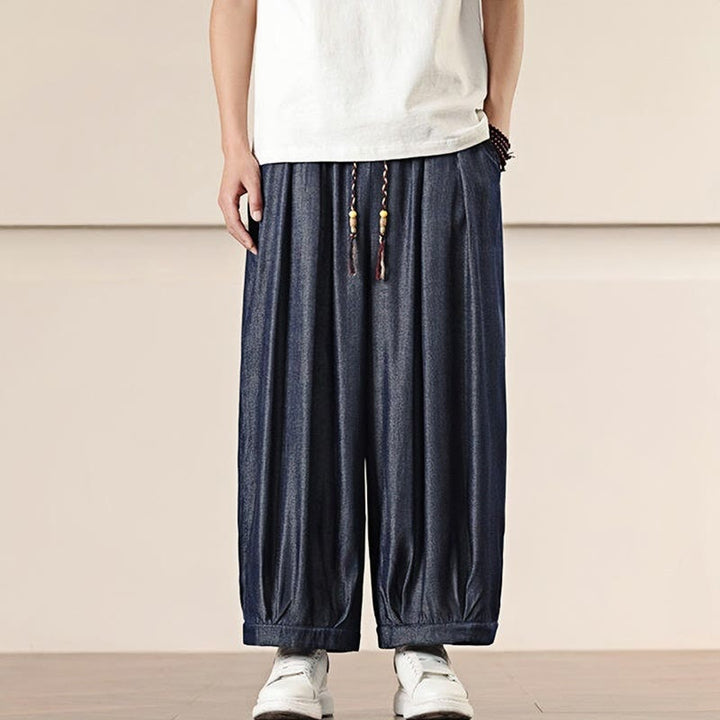 Buddha Stones春 無地 コットン ドローストリング メンズ ワイドレッグパンツ ポケット付き - image 34