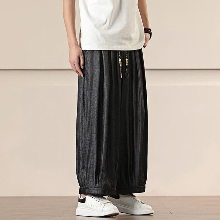 Buddha Stones春 無地 コットン ドローストリング メンズ ワイドレッグパンツ ポケット付き - image 5