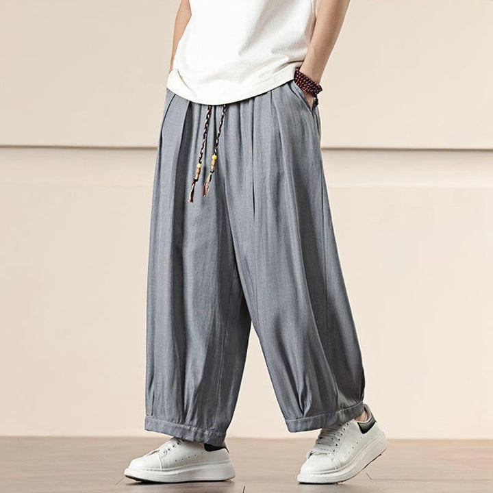 Buddha Stones春 無地 コットン ドローストリング メンズ ワイドレッグパンツ ポケット付き - image 13