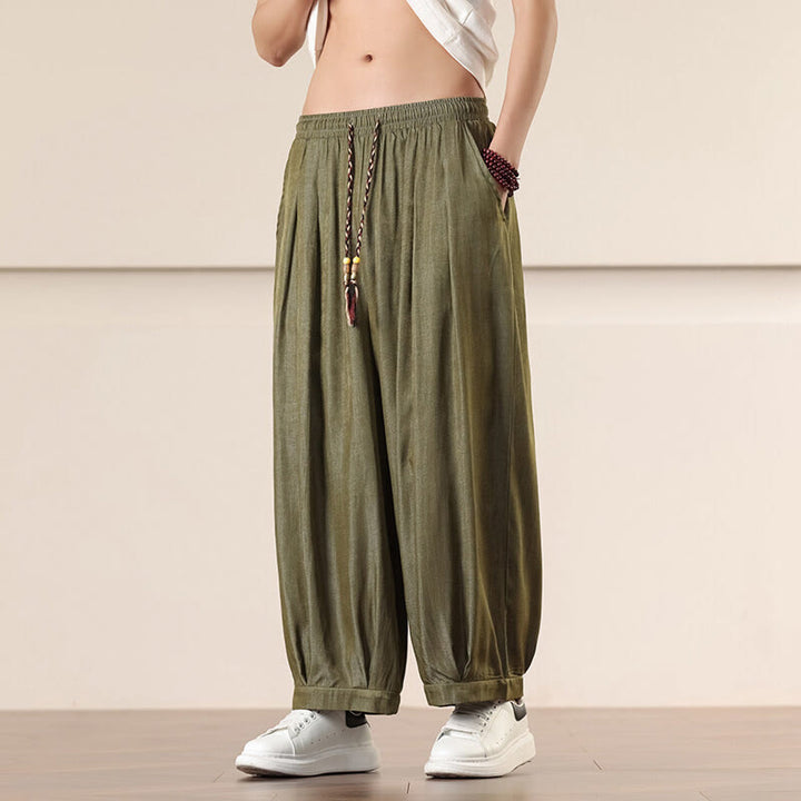 Buddha Stones春 無地 コットン ドローストリング メンズ ワイドレッグパンツ ポケット付き - image 29
