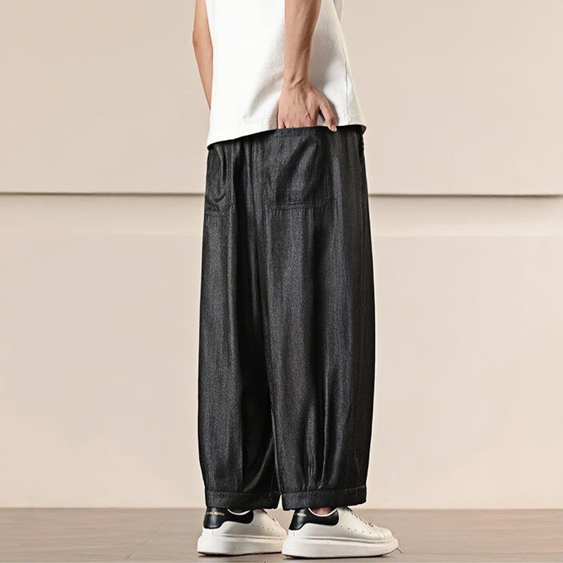 Buddha Stones春 無地 コットン ドローストリング メンズ ワイドレッグパンツ ポケット付き - image 4