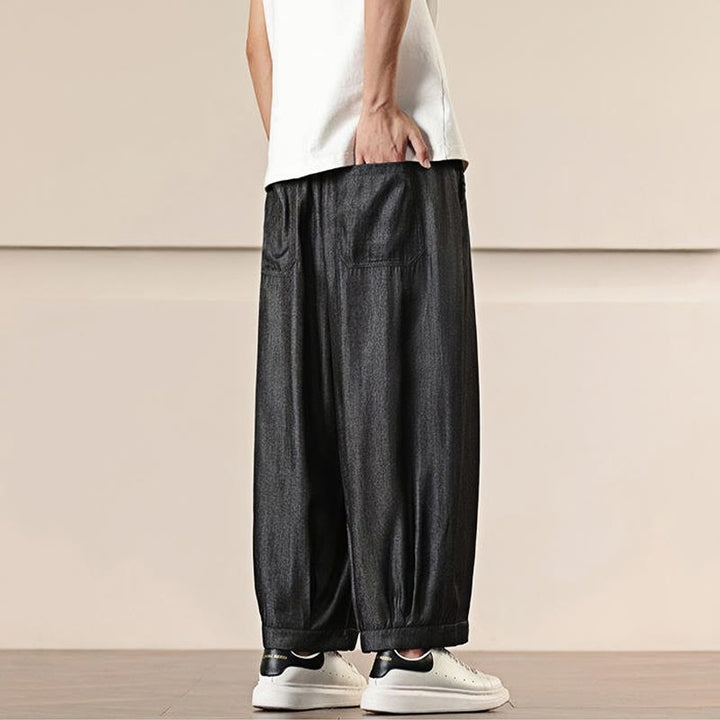 Buddha Stones春 無地 コットン ドローストリング メンズ ワイドレッグパンツ ポケット付き - image 4