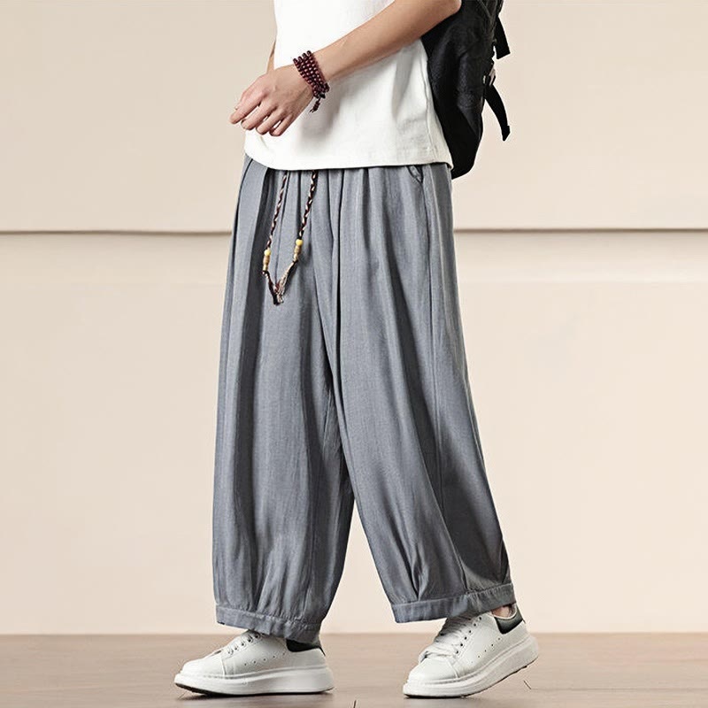 Buddha Stones春 無地 コットン ドローストリング メンズ ワイドレッグパンツ ポケット付き - image 9