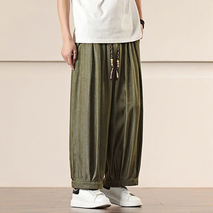 Buddha Stones春 無地 コットン ドローストリング メンズ ワイドレッグパンツ ポケット付き - image 27