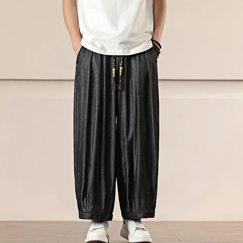 Buddha Stones春 無地 コットン ドローストリング メンズ ワイドレッグパンツ ポケット付き - image 3