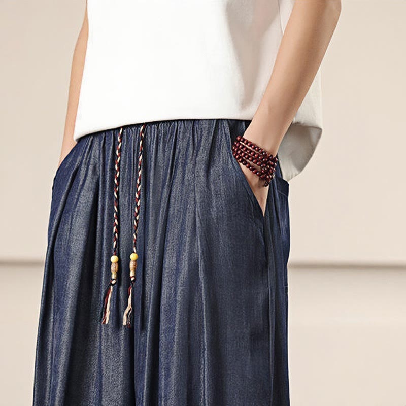 Buddha Stones春 無地 コットン ドローストリング メンズ ワイドレッグパンツ ポケット付き - image 41