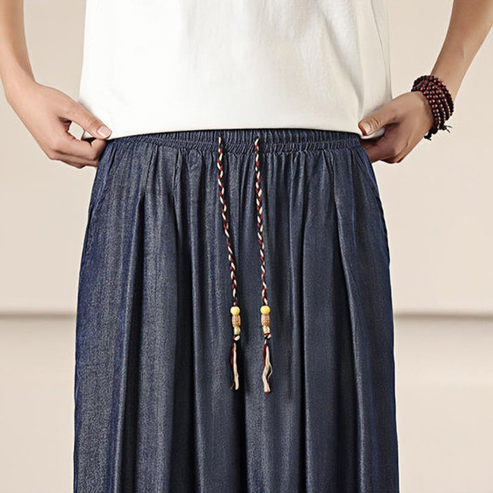 Buddha Stones春 無地 コットン ドローストリング メンズ ワイドレッグパンツ ポケット付き - image 39