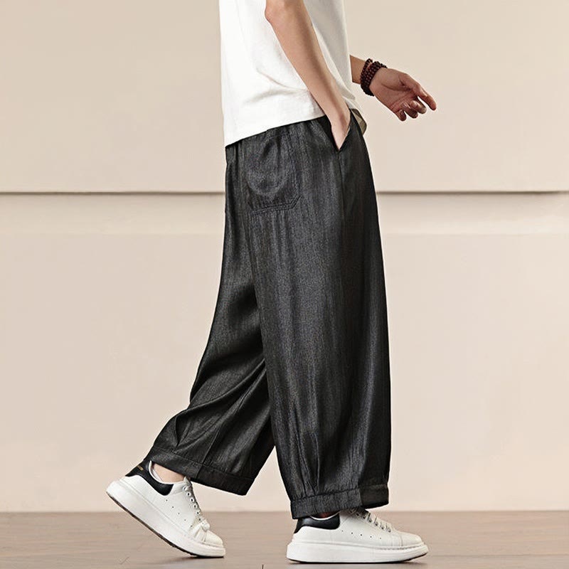 Buddha Stones春 無地 コットン ドローストリング メンズ ワイドレッグパンツ ポケット付き - image 7