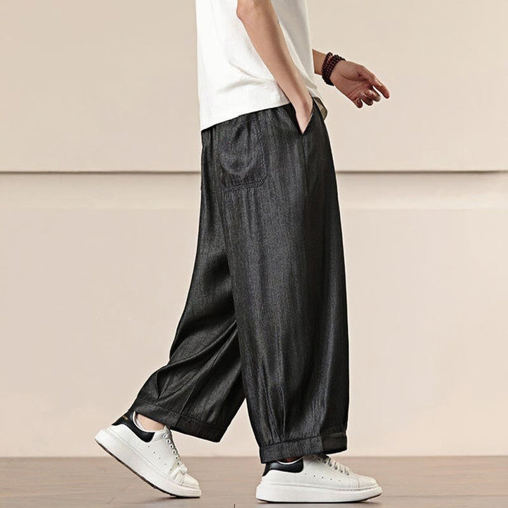 Buddha Stones春 無地 コットン ドローストリング メンズ ワイドレッグパンツ ポケット付き - image 7