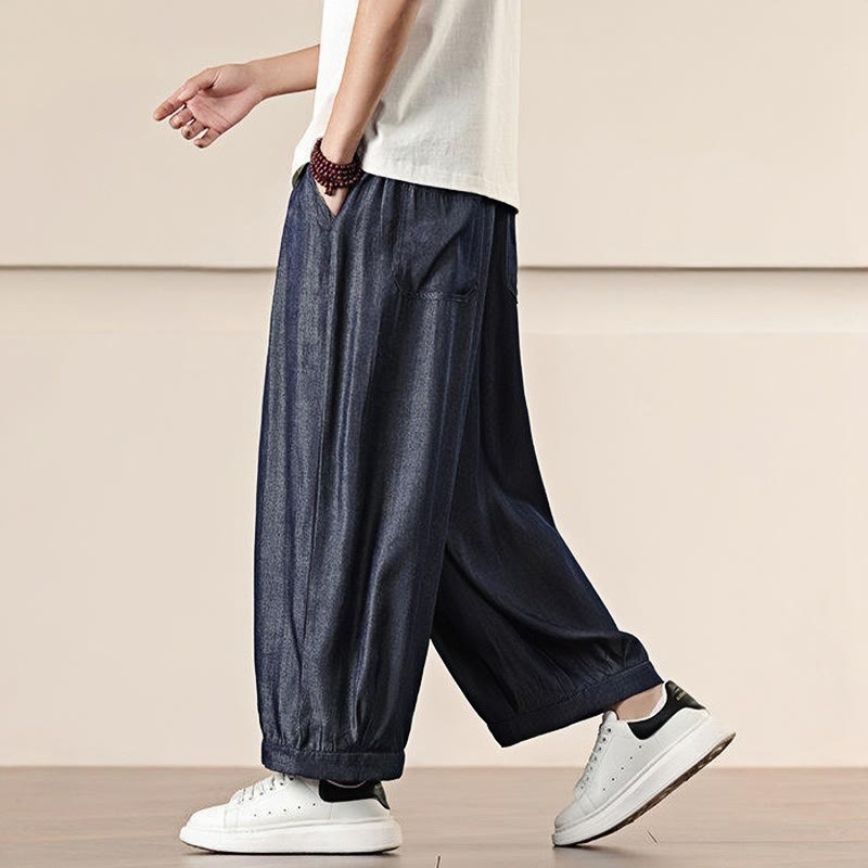 Buddha Stones春 無地 コットン ドローストリング メンズ ワイドレッグパンツ ポケット付き - image 37